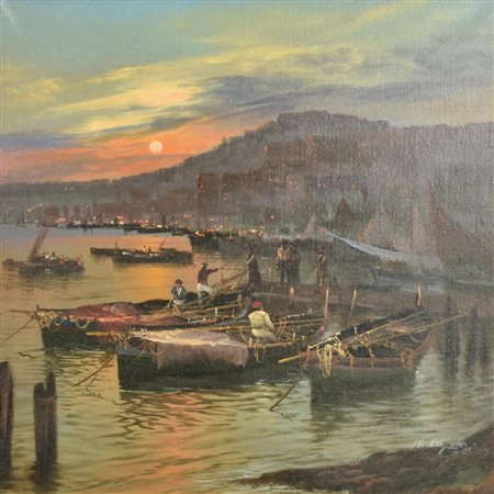 Mario Allegretti TRAMONTO SUL PORTO olio su tela cm 46x46 firma sul retro:...