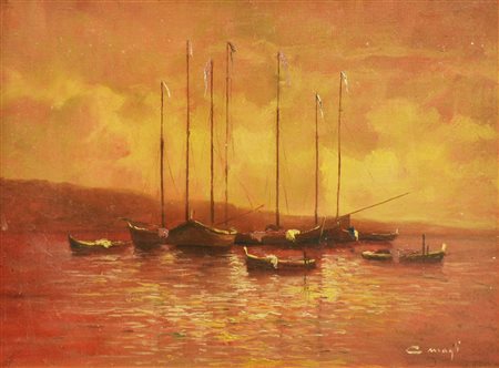 C. Magli BARCHE AL TRAMONTO olio su tela, cm 30x40 firma