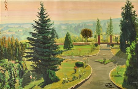 Piero Monti GIARDINO IN COLLINA olio su carta, cm 50x70 firma