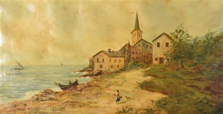 Pietro Crosetti PAESAGGIO MARINO olio su tela, cm 32x61 firma sul retro:...