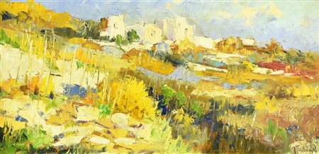 Tomber PAESAGGIO MEDITERRANEO olio su cartone, cm 25X50 firma