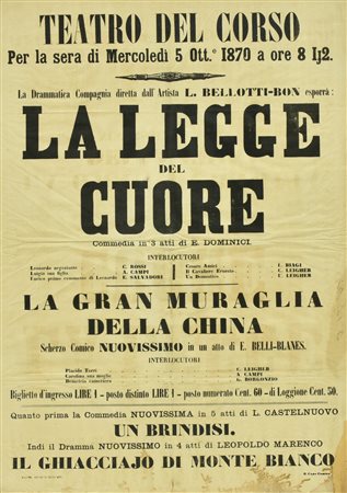 Anonimo LA LEGGE DEL CUORE manifesto, cm 75x53 del teatro del Corso di...