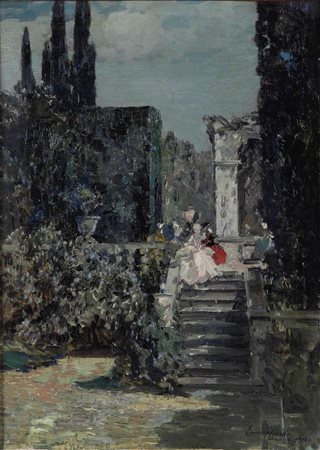 Ciardi Emma, Giardino con scalinata e figure in abiti settecenteschi, 1911