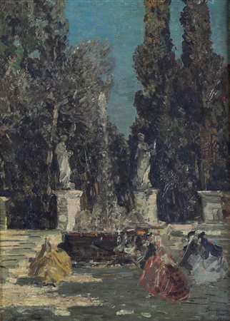 Ciardi Emma, Giardino con fontana e figure in abiti settecenteschi, 1911