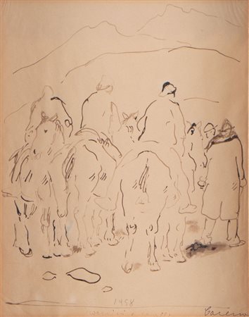 FELICE CARENA (Cumiana 1879 - Venezia 1966) "Uomini e cavalli", 1958. China...