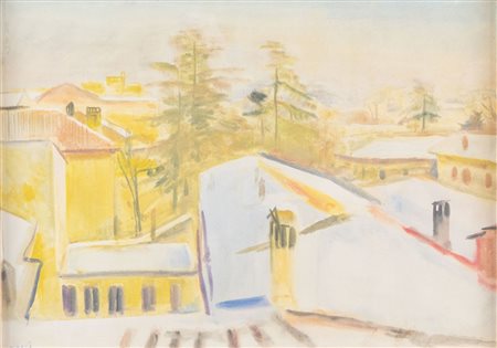 ILARIO ROSSI (Bologna 1911 - 1994) "Veduta sui tetti", anni '40. Acquerello...