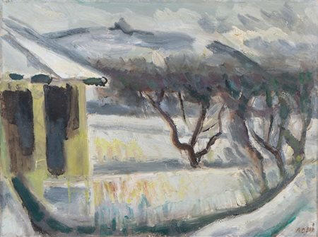 ILARIO ROSSI (Bologna 1911 - 1994) "Nevicata", anni '40. Olio su tela.Cm...