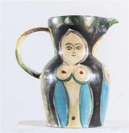 PABLO PICASSO (Málaga 1881 - Mougins 1973) Brocca in ceramica policroma e...