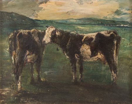 UBALDO MAGNAVACCA (Modena 1885 - Lerici 1957) "Paesaggio con mucche". Olio su...