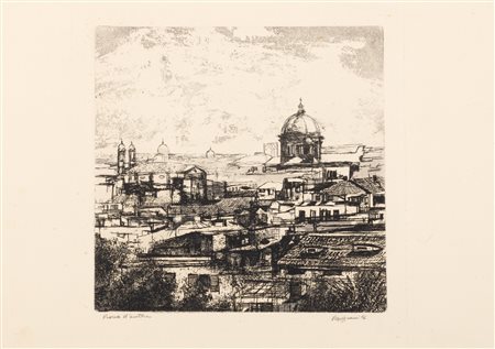 Renzo Vespignani (Roma  1924-2001)  - Paesaggio con cupole, 1956