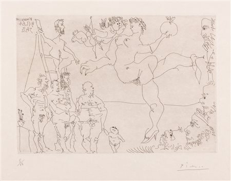 Pablo Picasso (Malaga 1881-Mougins 1973)  - Scene de cirque avec Venus et la pomme d'or, et un amour, 1966