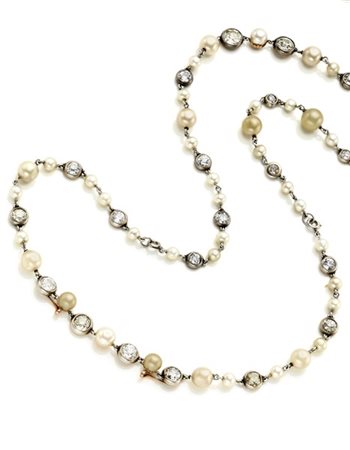 Lunga collana in oro, argento e platino con perle coltivate, perle fancy e diam