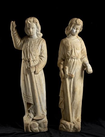 Coppia di sculture italiane in marmo raffiguranti gli arcangeli Michele e Gabriele - Scuola genovese del XVII secolo