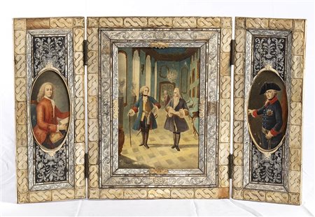 Trittico inglese in osso raffigurante Federico II e Voltaire - XIX secolo