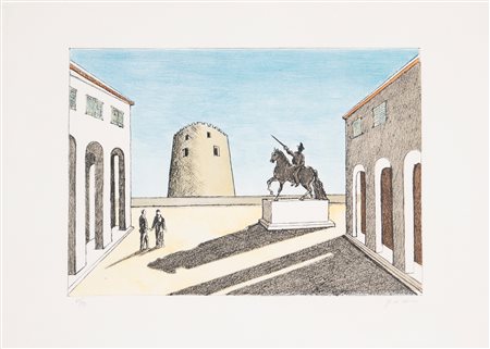 GIORGIO DE CHIRICO, Piazza d'Italia con statua equestre, 1973