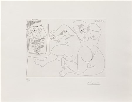 Pablo Picasso "Deux grosses femmes nues et un voyeur" 1968
acquaforte
foglio cm