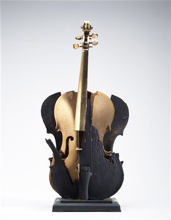 Arman "Senza titolo" 2004combustione di violino che racchiude un violino; bronz