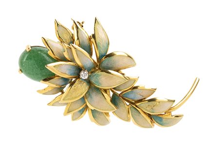 Spilla floreale in oro con quarzo avventurina, diamanti e smalti  