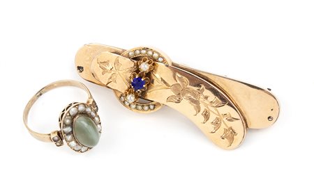 Spilla ed anello in oro, perle paste vitree e quarzo occhio di gatto - fine XIX secolo
