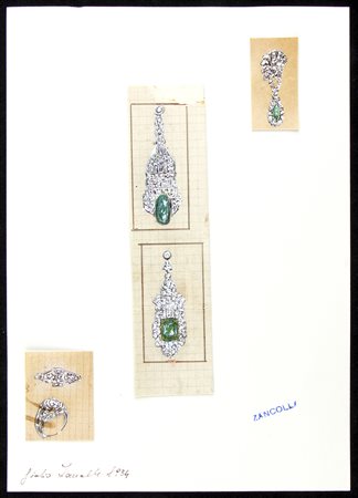 Progetto per orecchini ed anello - anni '40, GIULIO ZANCOLLA  disegnatore ed orafo per BULGARI dal 1933 al 1940