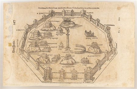 SEBASTIAN MÜNSTER (1488-1552): Rappresentazione di Roma con le sue porte da 'Cosmografia Universalis'