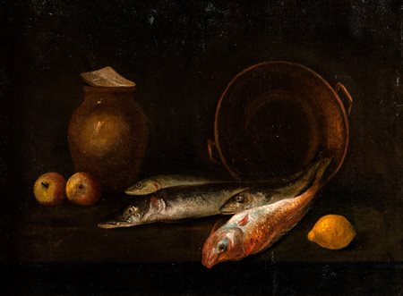 Attribuito a Giovanni Battista Recco (Napoli, circa 1615 - 1660) - Pesci, frutti e vasellame su un tavolo da cucina