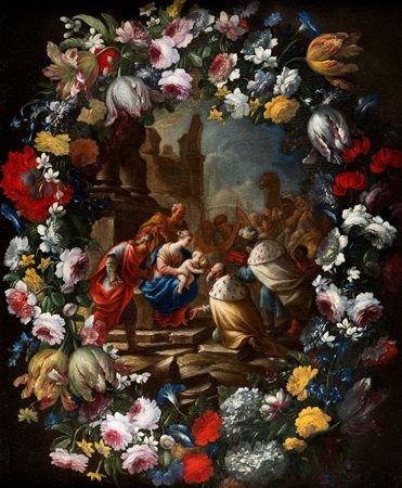 Giuseppe Recco - Nicola Vaccaro (Napoli 1640-1709, Napoli 1634-Alicante 1695)  - Adorazione dei Magi entro ghirlanda di fiori