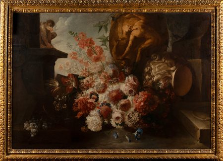 Andrea Belvedere (Napoli 1646/ 1652-1732)  - Trionfo di fiori con vaso istoriato raffigurante Caino e Abele, capitello riccamente scolpito e scimmietta in un giardino