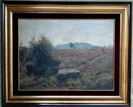HANS HENTSCHEL (1896-1951) - Paesaggio con cervi - Olio su tela cm.50X66...