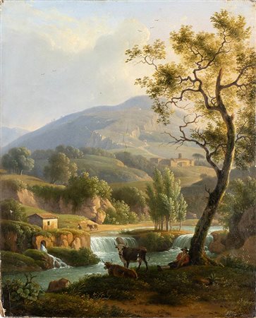 MARTIN VERSTAPPEN (Anversa, 1773 - Roma, 1852): Paesaggio collinare con buoi, 1815