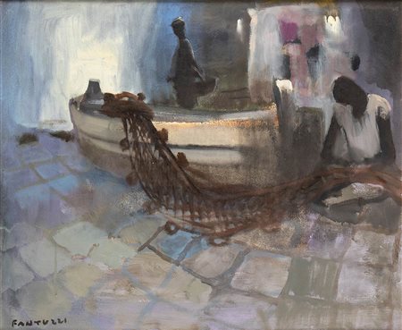 ELIANO FANTUZZI (Modena, 1909 - 1987): Barca con pescatori