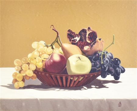 Alfonso Pisciotta CESTO CON FRUTTA olio su tela applicata a tavola cm 40x50...