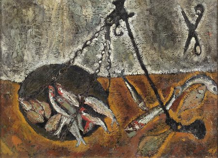  GIUSEPPE BANCHIERI   
Natura morta con pesci, 1955