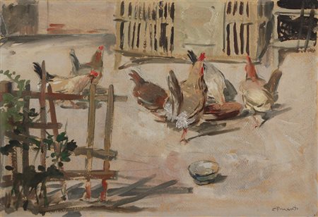 PRIVATO COSIMO Venezia 1889 - 1971 Galline nell'aia olio su cartone cm 35x50...