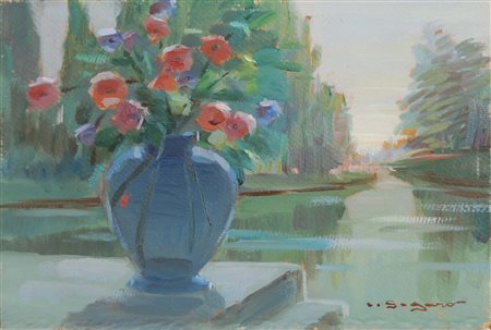 SOGARO OSCAR Dolo 1888 - Venezia 1967 Vaso di fiori con veduta olio su...