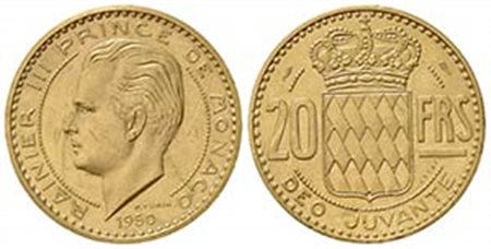 MONACO. Ranieri III (1949-2005). 20 Francs 1950. Piedfort Essai Au (23mm, 29.00g). KM PE7a. Graffi, BB+