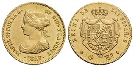 SPAGNA - Isabella II (1833-1868) - 4 Escudos - 1867 - (AU g. 3,34) Kr. 631.1 Bellissimi fondi lucenti - FDC