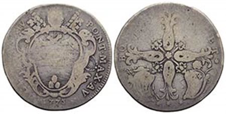 BOLOGNA - Clemente XIV (1769-1774) - Mezzo scudo da 2 Lire - 1773 A. V - Stemma trilobato in cornice - R/ Croce gigliata e radiante - (AG g. 11,4) RRRR CNI 13; Munt. 15 var. I - MB