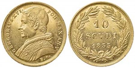 BOLOGNA. Gregorio XVI (1831-1846). 10 scudi 1835 B. Au (28mm, 17.37g). Pagani 131; Gigante 4. qSPL