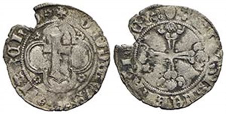 CHIVASSO - Teodoro II Paleologo (1381-1418) - Mezzo grosso - Grande T entro cornice doppia - R/ Croce fiorata - (AG g. 1,44) RR CNI 3/4; MIR 393 Mancanza marginale del tondello - BB