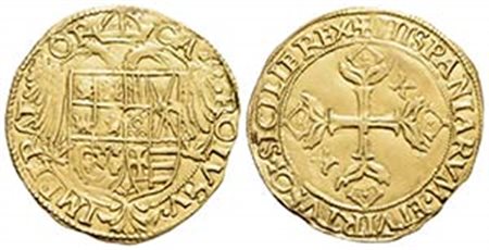 NAPOLI - Carlo V (1516-1556) - Scudo d'oro - Stemma su aquila bicipite - R/ Croce fiorata - (AU g. 3,31) R CNI 211/215; P.R. manca Nel 1° e 4° quarto K - BB-SPL