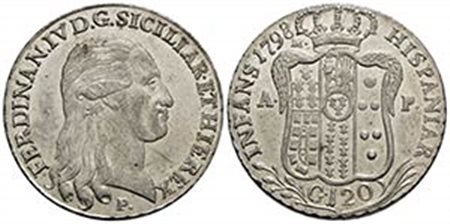 NAPOLI - Ferdinando IV di Borbone (primo periodo, 1759-1799) - Piastra - 1798 - AG P.R. 63; Mont. 215 Alcuni graffi di conio al D/ - Fondi lucenti - qFDC