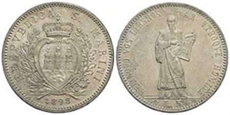 SAN MARINO - Vecchia monetazione - 5 Lire - 1898 - AG R Pag. 357; Mont. 1 - qFDC