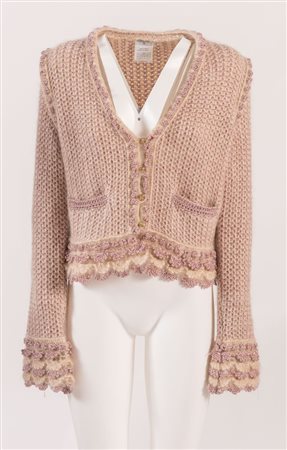 CHANEL Cardigan in lana e lurex lavorati a maglia sui toni del rosa con...