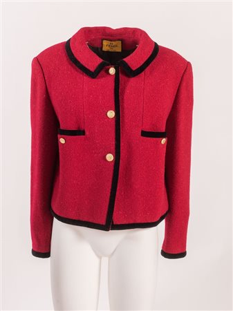 FENDI Giacca in lana e cotone rossa con rifiniture in velluto e bottoni in...