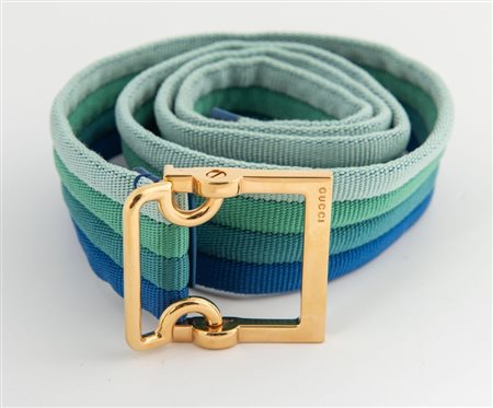 GUCCI Cintura in filo di seta sui toni del blu e del verde con rifiniture in...