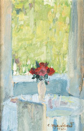 Stanislav Yulianovich Zhukovsky (Endrichovici 1874-Pruskov 1944)  - Interno con vaso di fiori, 1930