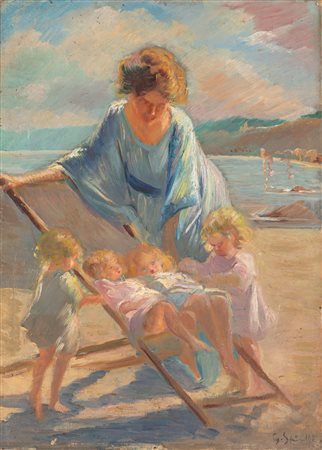 Gaetano Spinelli (Bitonto 1877-Firenze 1945)  - In spiaggia con la mamma