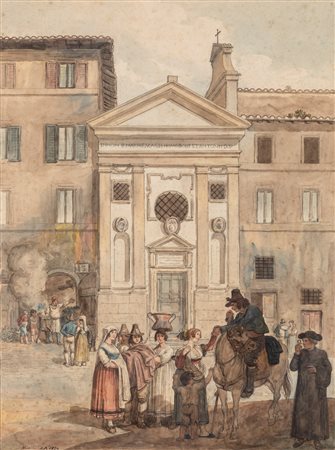 Bartolomeo Pinelli (Roma 1781 – 1835)  - Roma, vita davanti la chiesa di S. Omobono, 1834