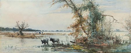 Ettore Roesler Franz (Roma 1845-1907)  - Bufali nella palude